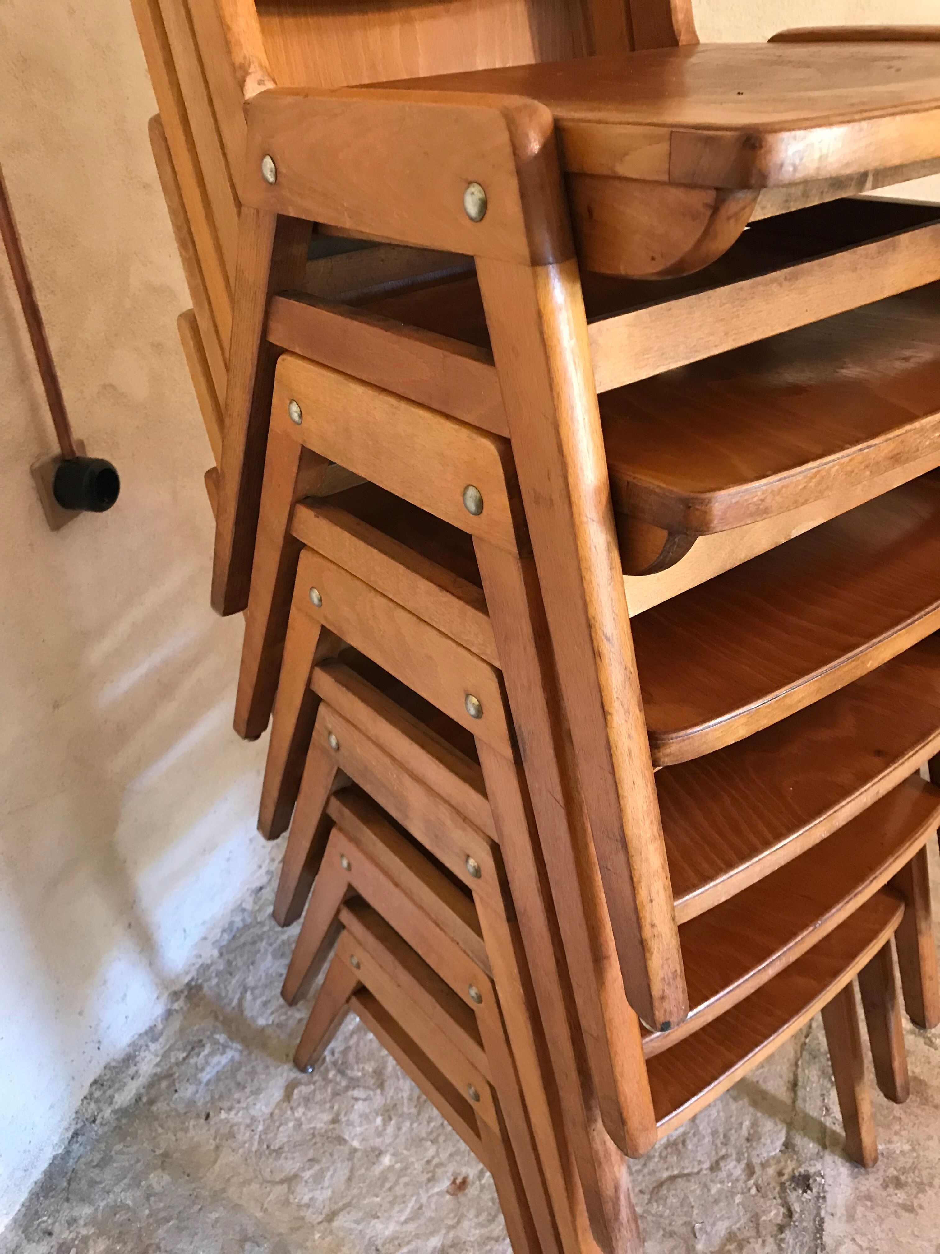 Set of 6 stackable chairs wood feet compass Germany 1960's