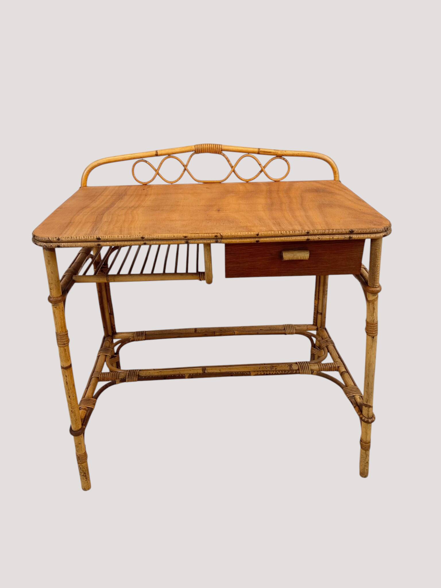 Vintage rattan and bamboo desk or dressing table (81x47 cm) – Riviera style,