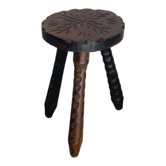 Brutalist carved tripod milking stool, 1950s