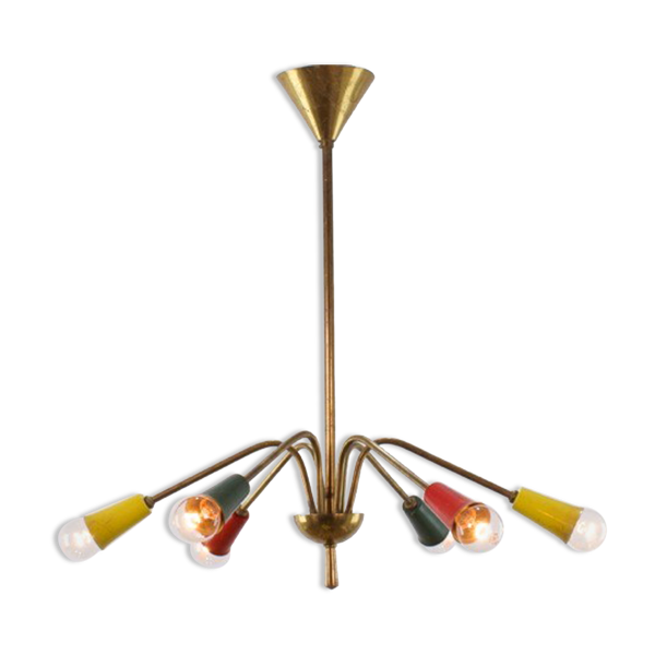 Lustre multicolore vintage en laiton, 1950, 6 bras, 60cm de diamètre