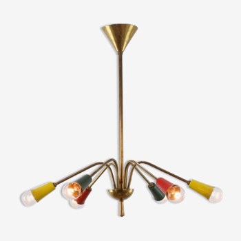 Multicolored vintage brass chandelier, 1950, 6 arms, 60cm in diameter