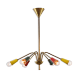 Multicolored vintage brass chandelier, 1950, 6 arms, 60cm in diameter