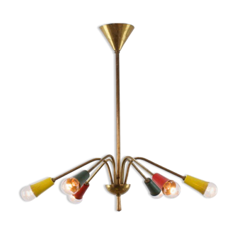 Multicolored vintage brass chandelier, 1950, 6 arms, 60cm in diameter