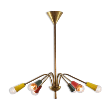 Lustre multicolore vintage en laiton, 1950, 6 bras, 60cm de diamètre