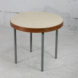 Side table tubular steel base, round top strapping wood, France, circa 1950
