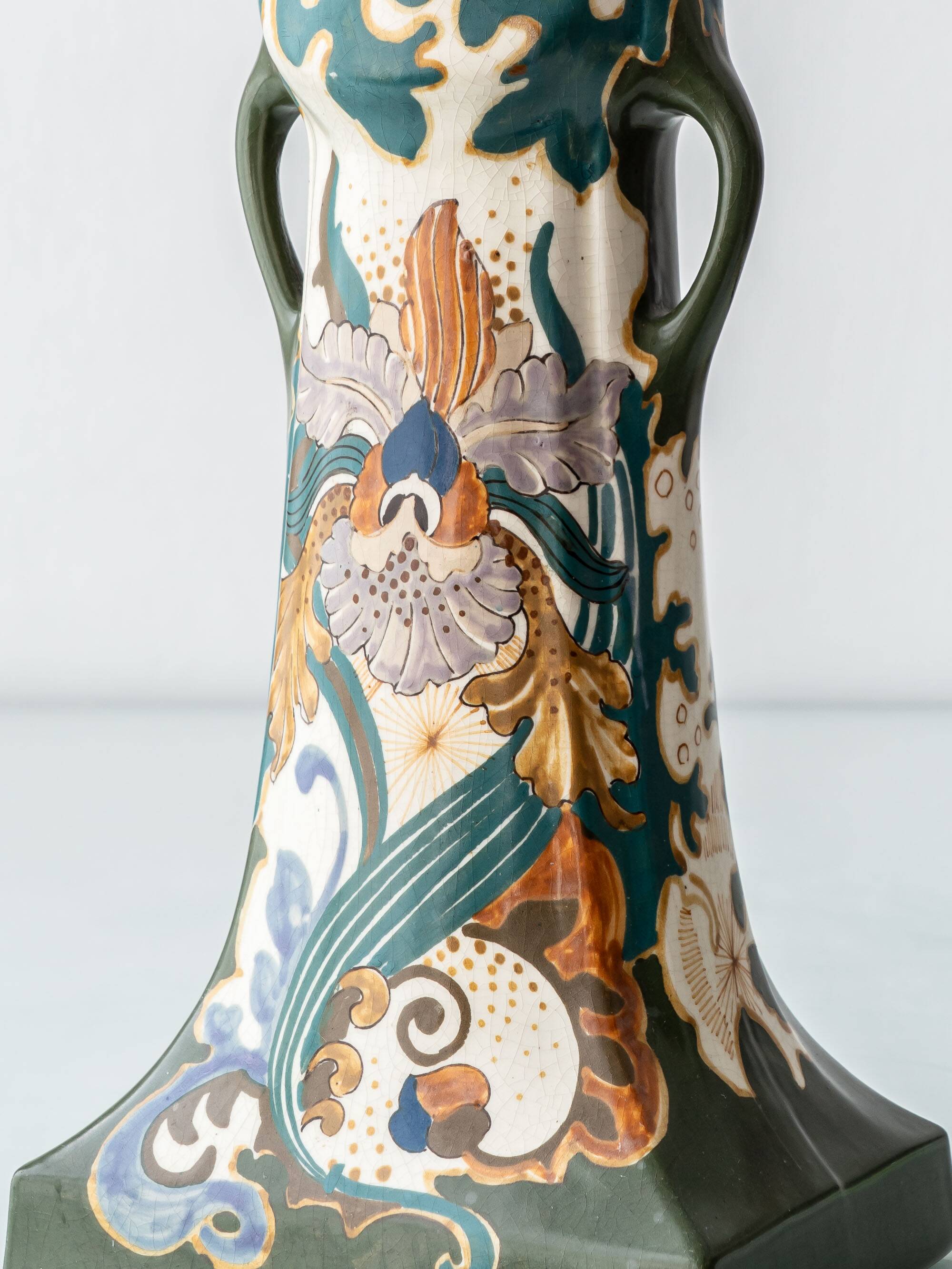 Pair of Dutch Art Nouveau Ceramic Table Lamps, circa 1915, with New Ochre Linen Shades