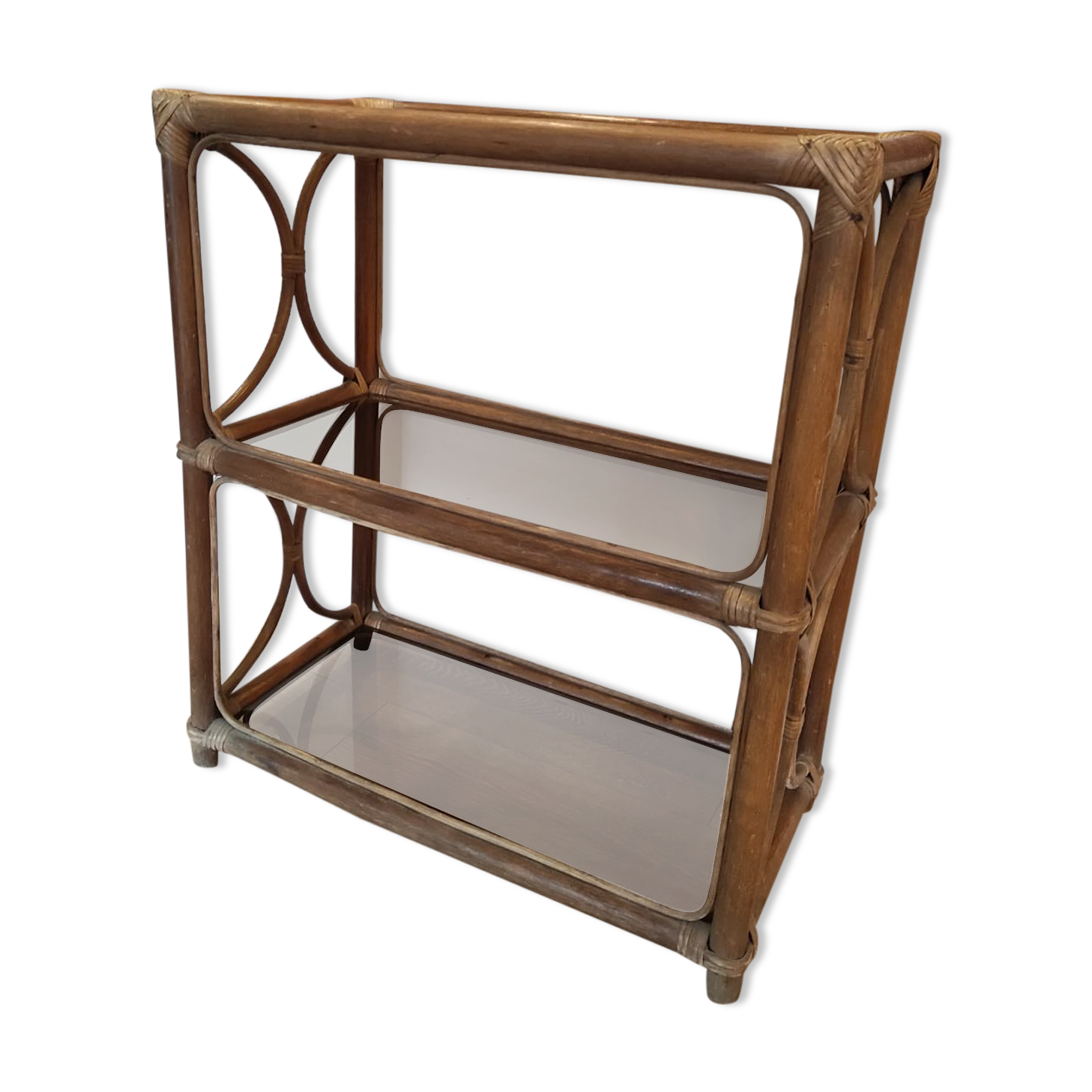 Rattan bookcase shelf and vintage smoked glass
