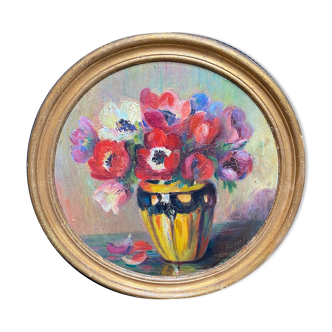 HSP painting "Anemone vase of Caen" Art Deco signed Renée Daude + frame