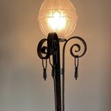 Large art deco floor lamp in wrought iron and white pressed molded glass (height 211 cm)