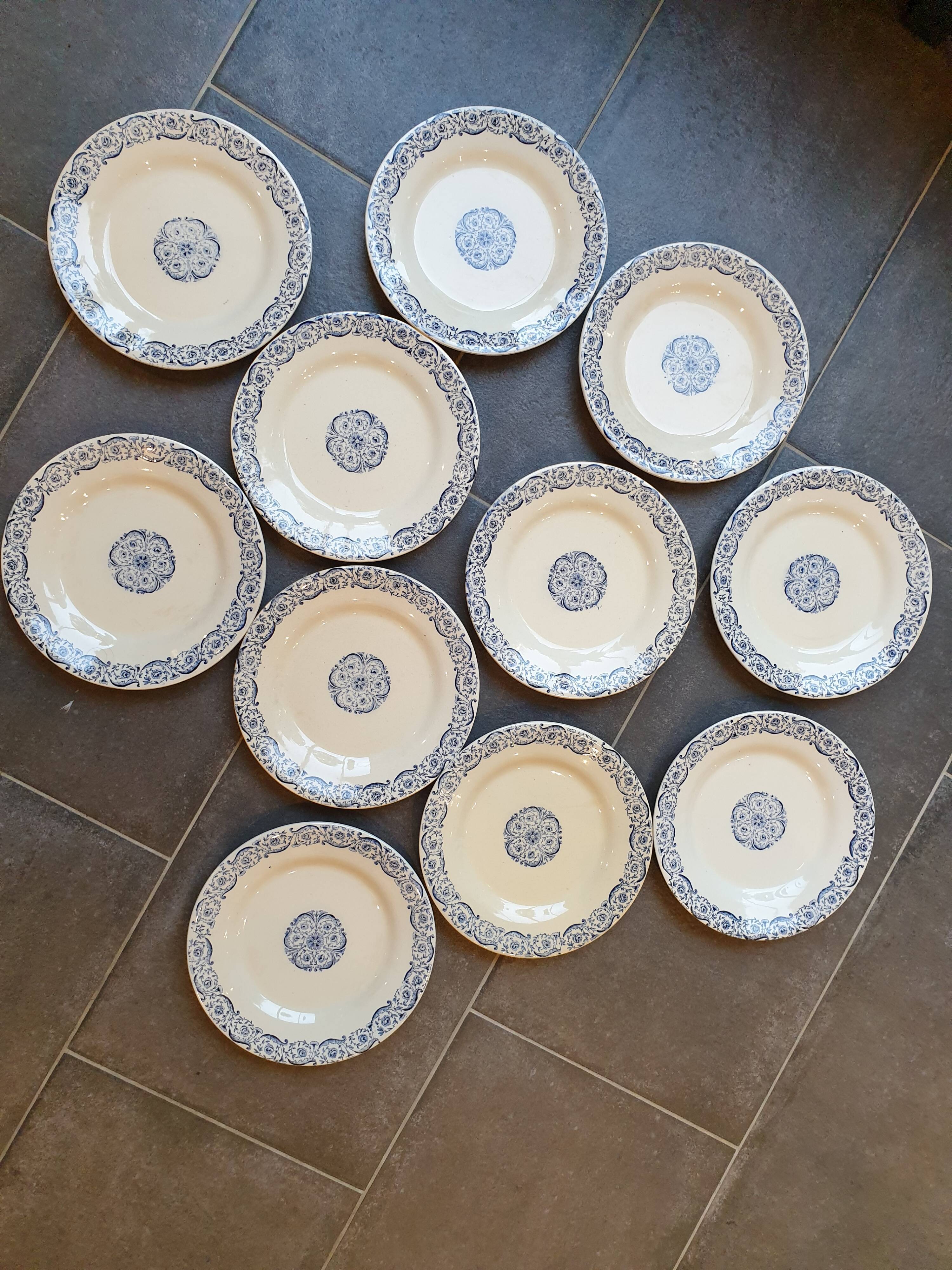 11 plates in opaque porcelain from Gien known as Terre de Fer