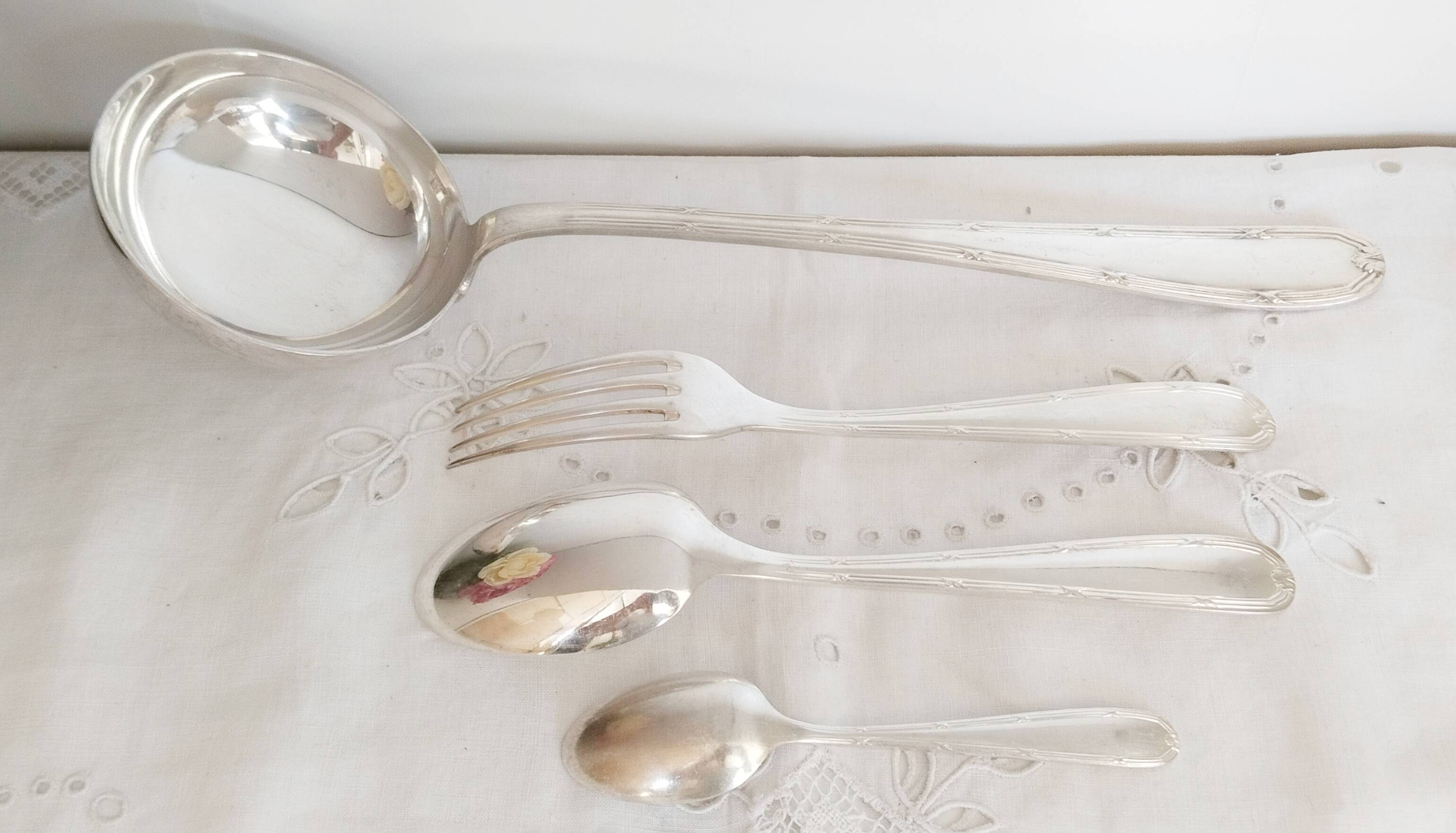 Silver cutlery set, Alfenide, ribbon decoration