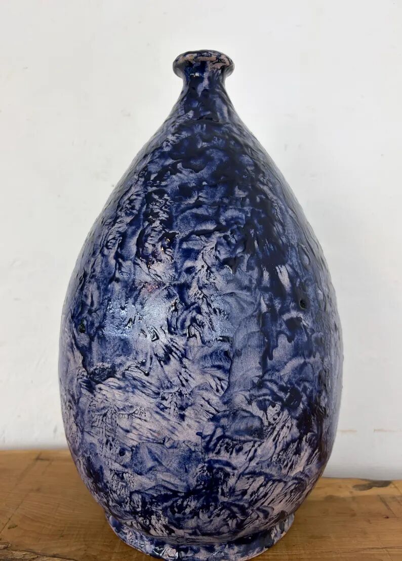 Vintage Mid-Century Studio Art Pottery Cobalt Blue Textured Glaze Teardrop Vase