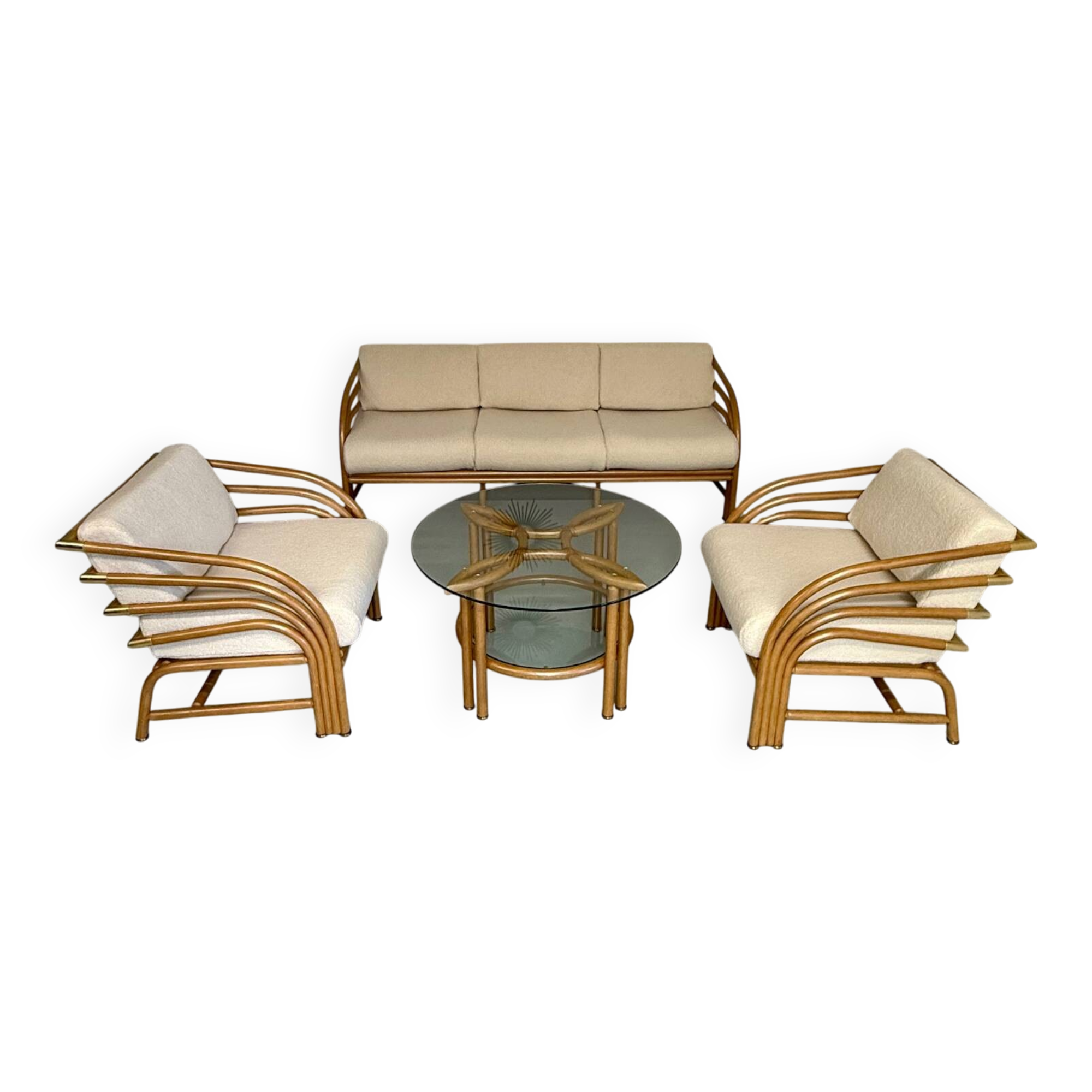 Complete living room with rattan sofa and white bouclette, brass finish, 80's design