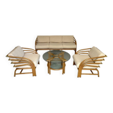Salon complet canapé rotin et bouclette blanche finition laiton design 80’