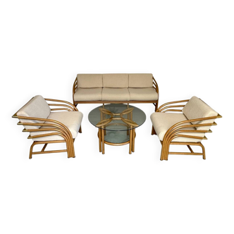Salon complet canapé rotin et bouclette blanche finition laiton design 80’