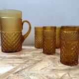 Service Ancien Jus Carafe + 6 Verres Verre Moulé Orange Géométrique Vintage