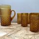 Old Juice Carafe Service + 6 Vintage Geometric Orange Molded Glass Glasses