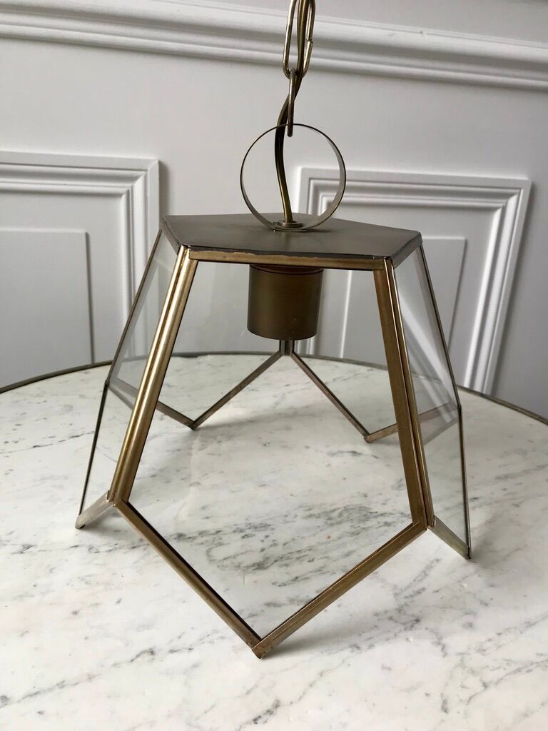 Brass pendant lamp and graphic gilded glass 60s-70s