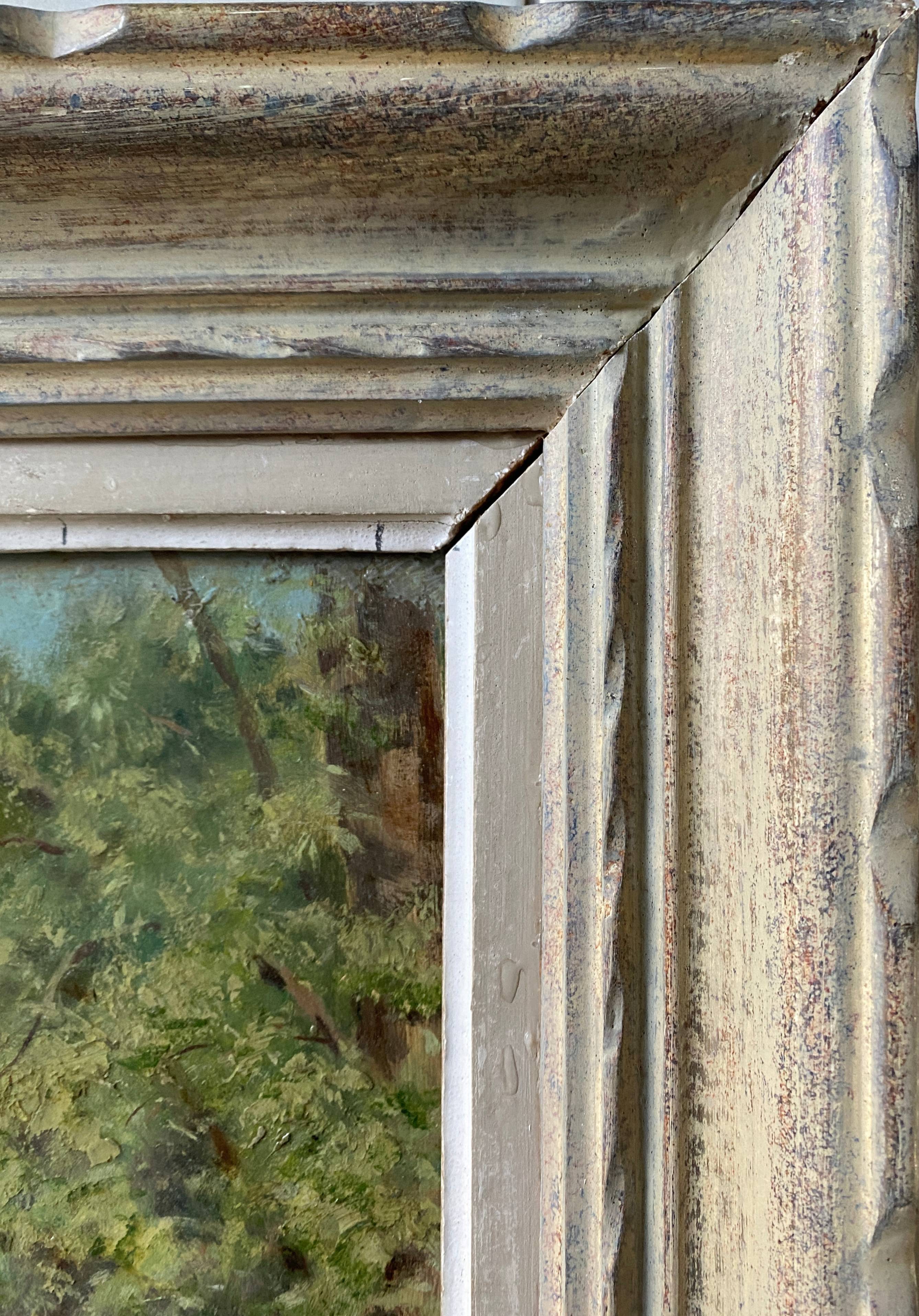 HSP 1917 painting signed Romezin "Cabin by the water" + frame