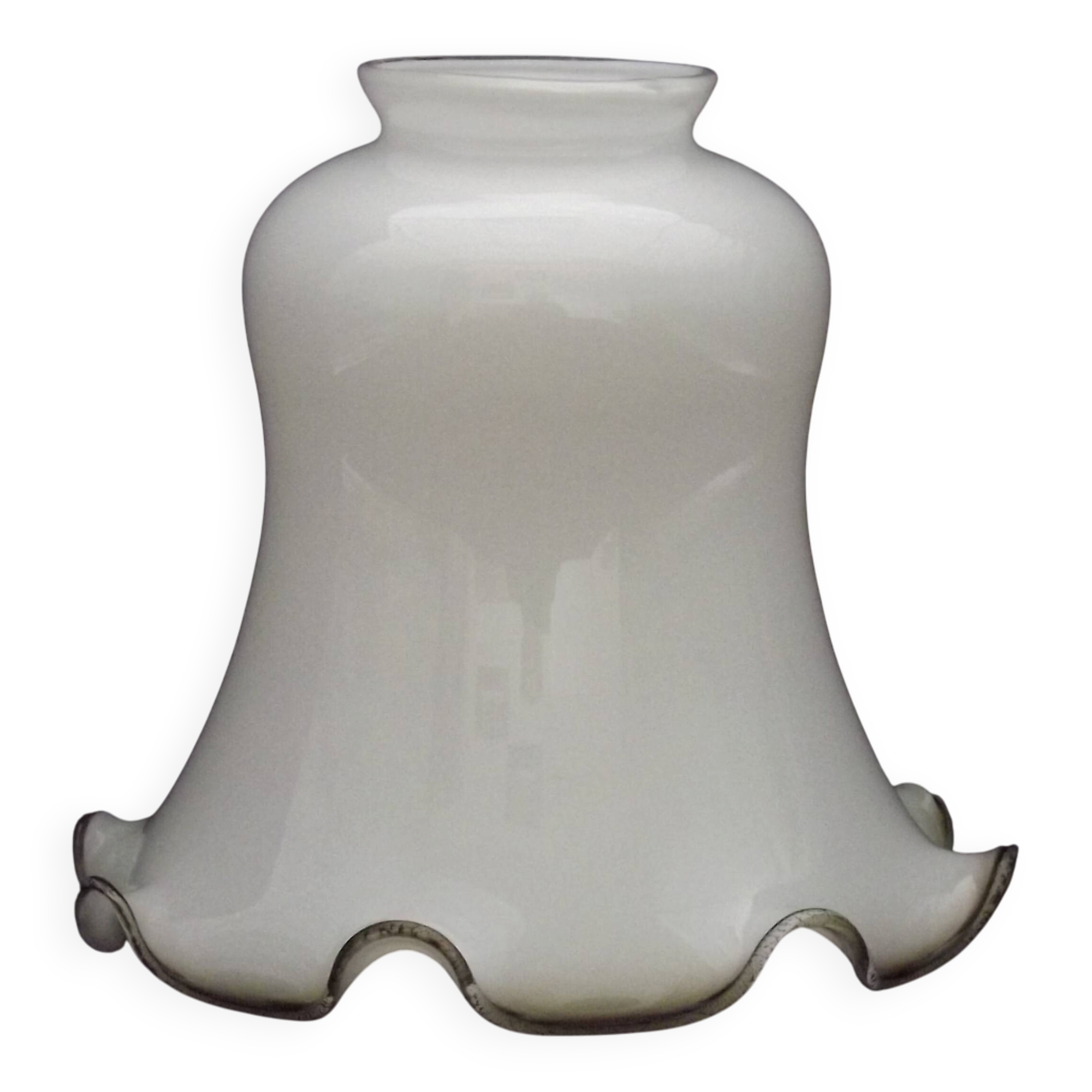 White Opaque Glass Bell Shaped Shade With Contrasting Frilled Edge
