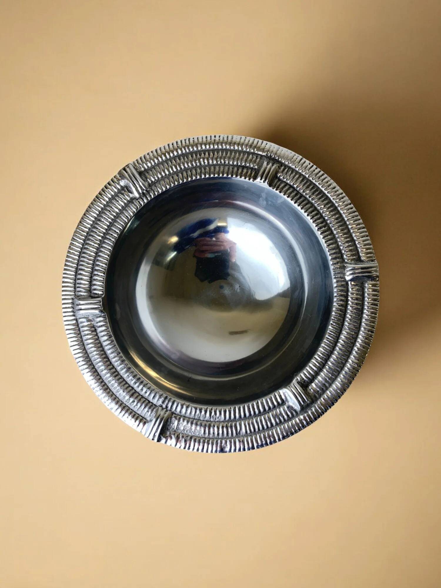 Ridged circular tray, solid aluminium, Spain, 1980s