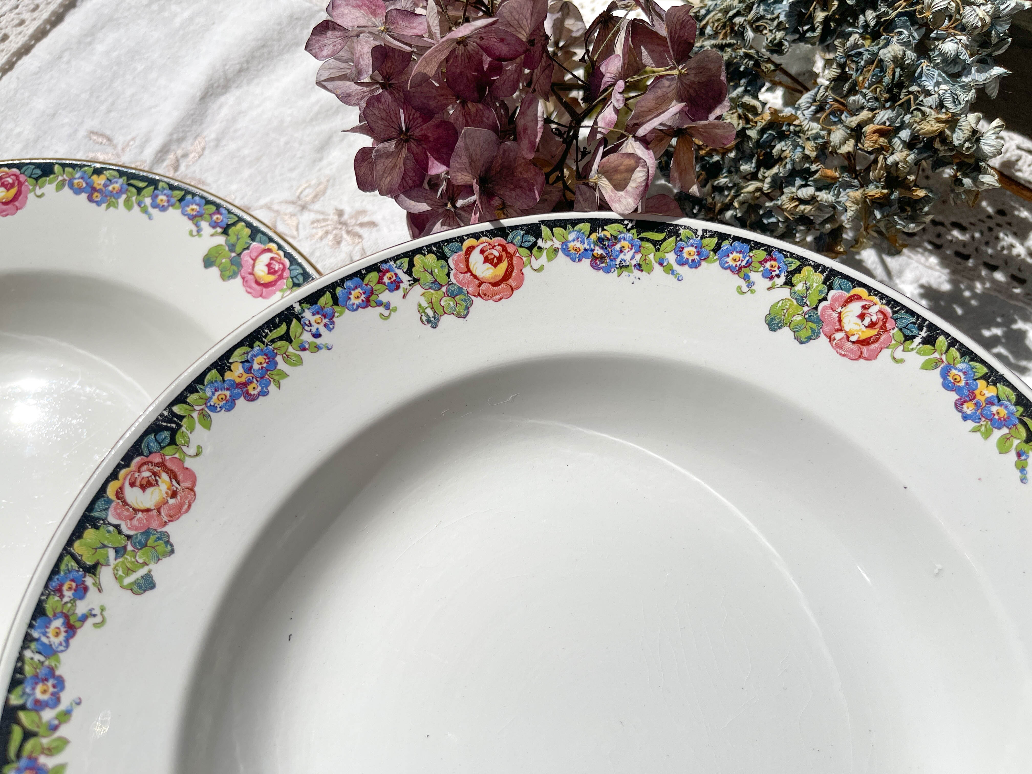6 Digoin opaque porcelain soup plates with floral pattern "3984"