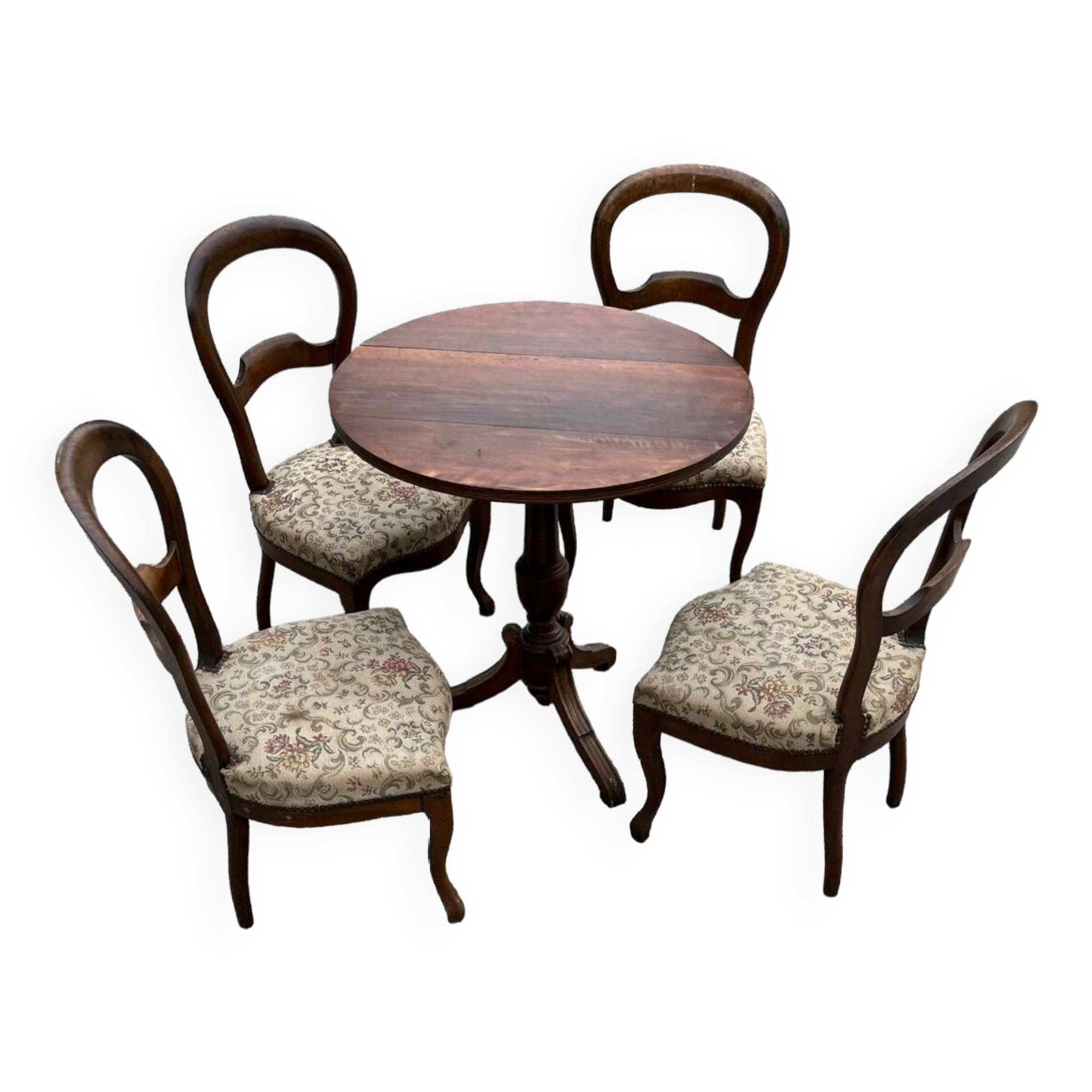 Set of 4 walnut armchairs and table, 19th century