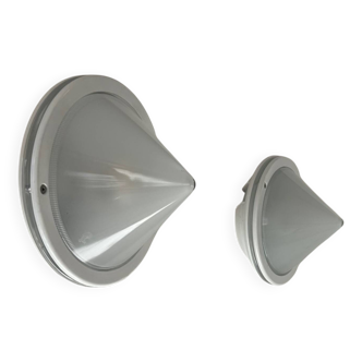 Pair of vintage sandblasted glass and metal wall lights, Prisma Italy 1980