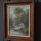 Oil on panel riverside landscape by J. Audry 20th century