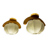 Pair of 1960s cocoon ceiling lights or sconces, resin & pine wood, Italy