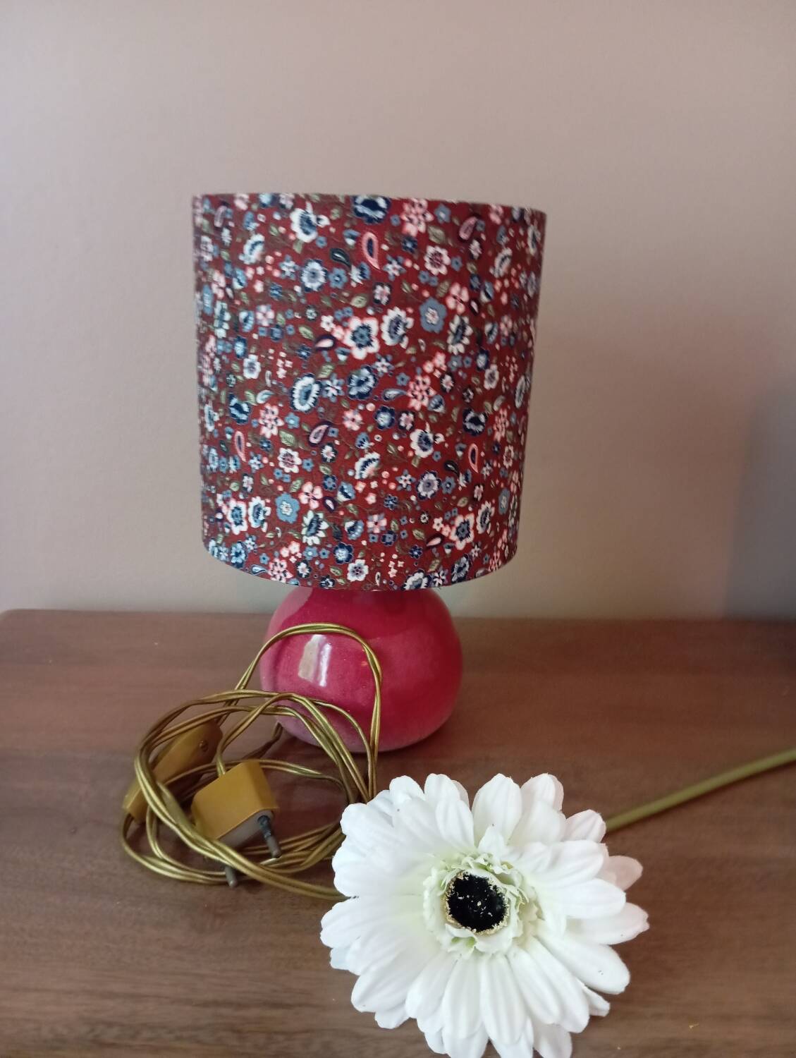 Vintage pink ceramic table lamp, Liberty flower lampshade