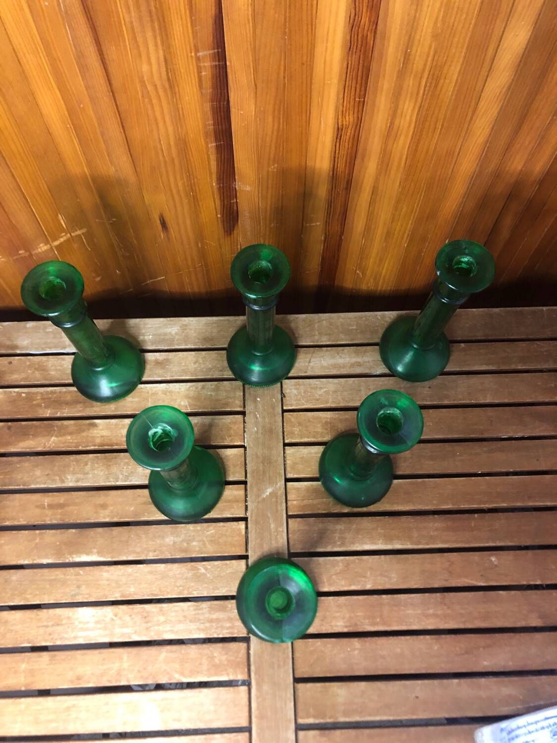Series of 6 old vintage green bubble molded glass candlesticks #a529