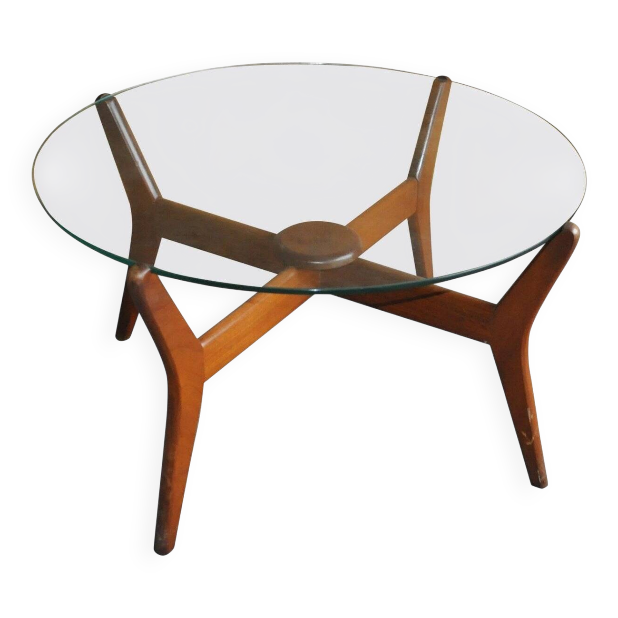 Mid-century coffee table in brown teak with a floating tempered glass top.