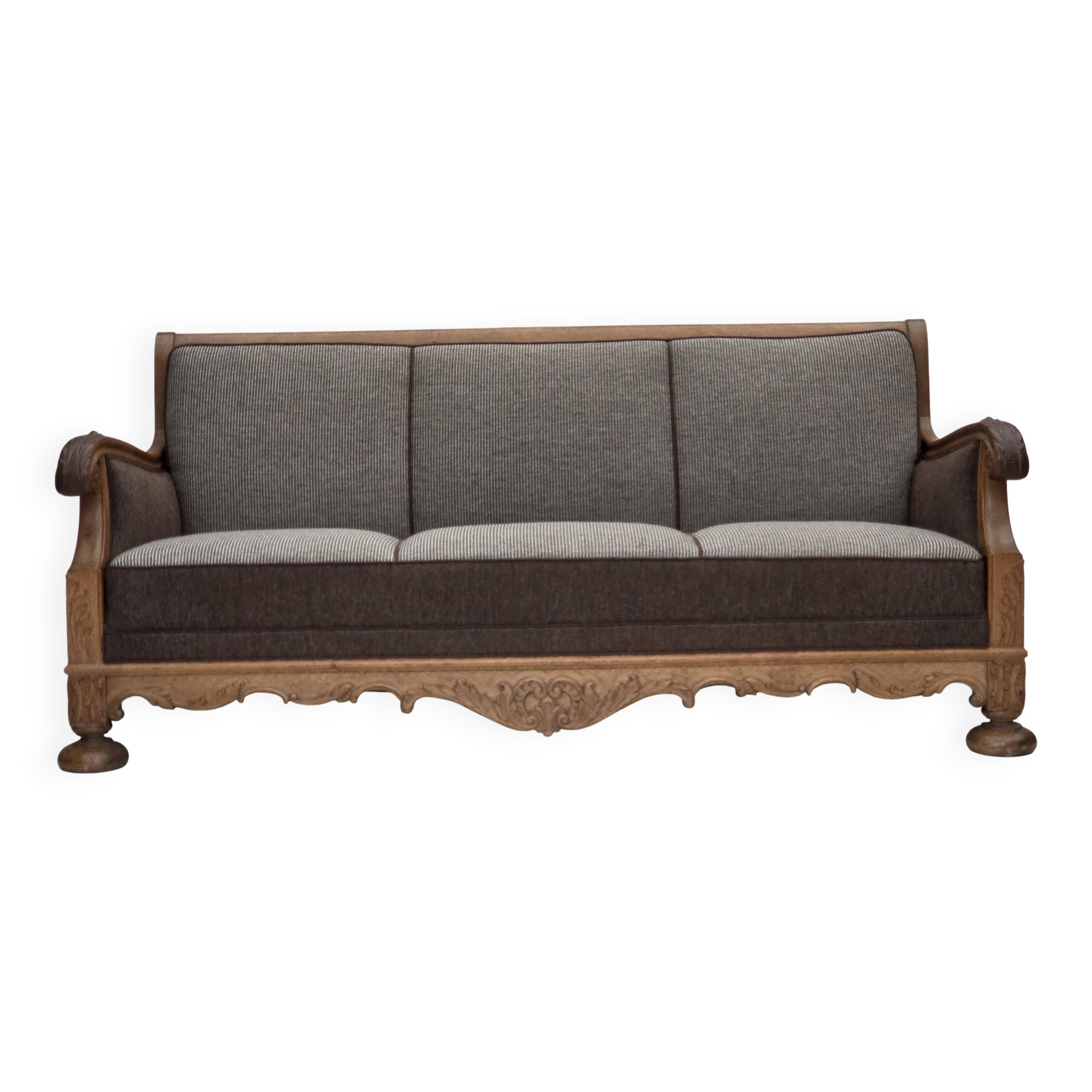 1950s, Danish 3-seater sofa, furniture wool, solid carved oak wood.