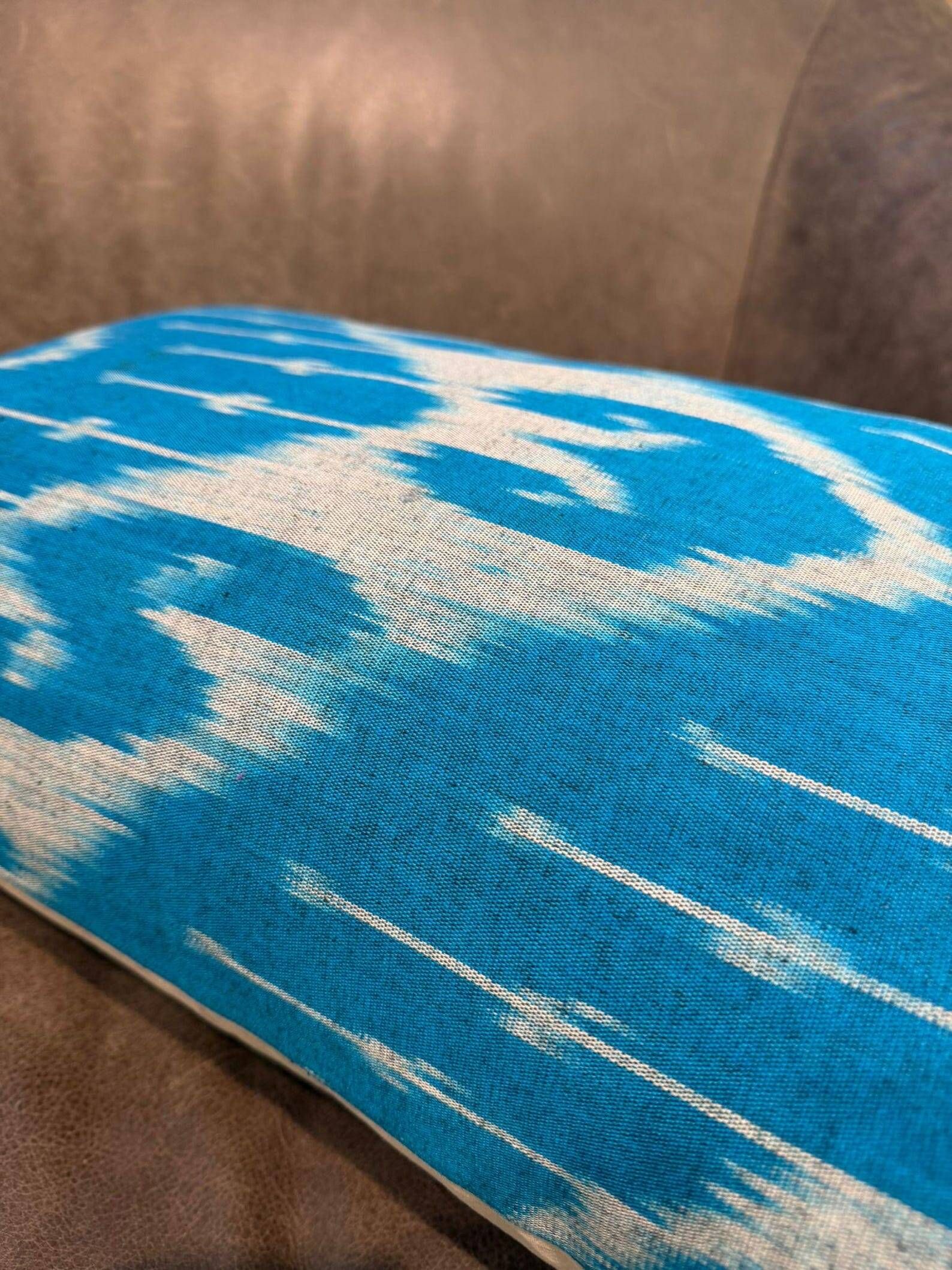 Handmade Silk Ikat Lumbar Cushion Cover, Sky Blue Oval Print Pillow Case