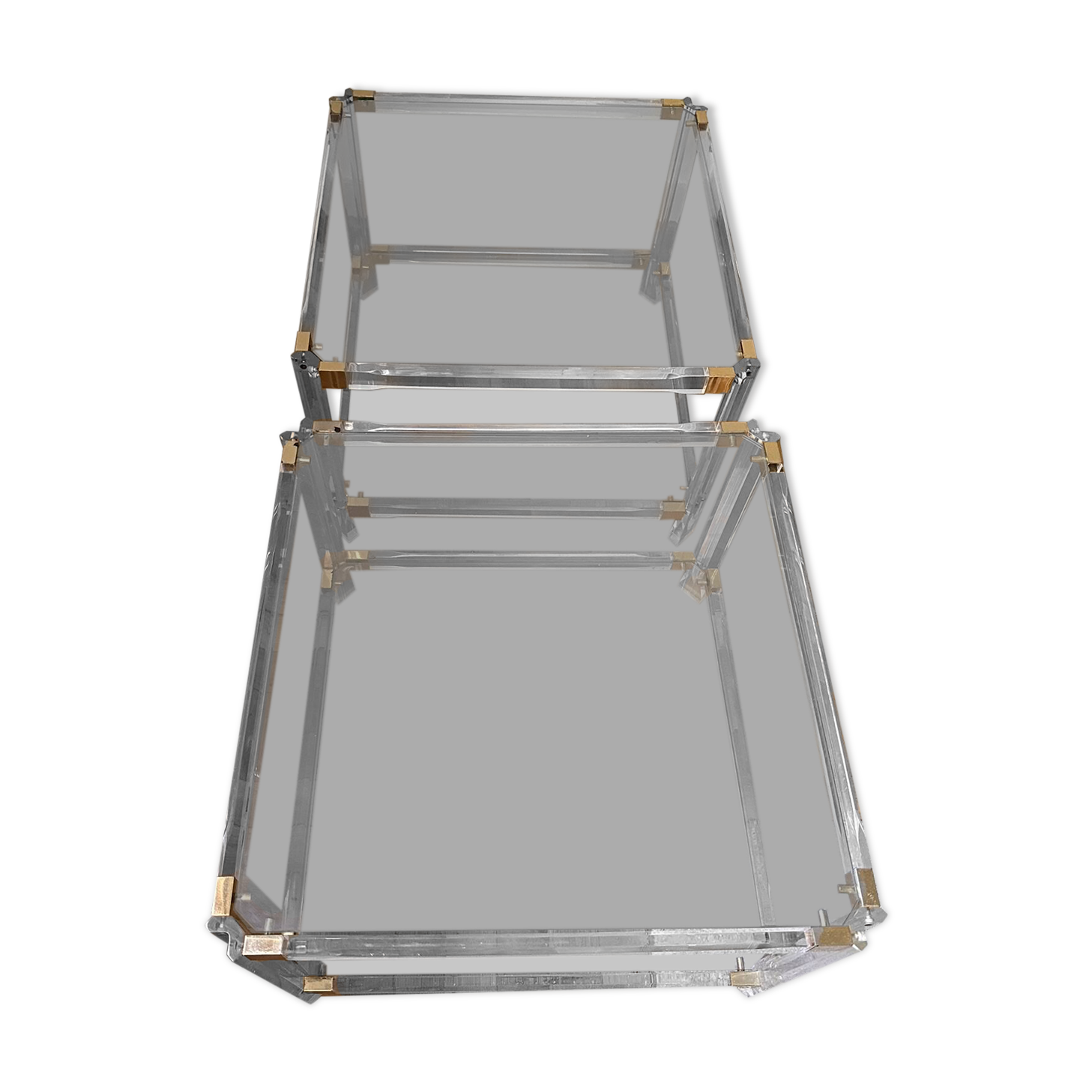 2 plexiglass, brass and glass coffee tables, circa 1970
