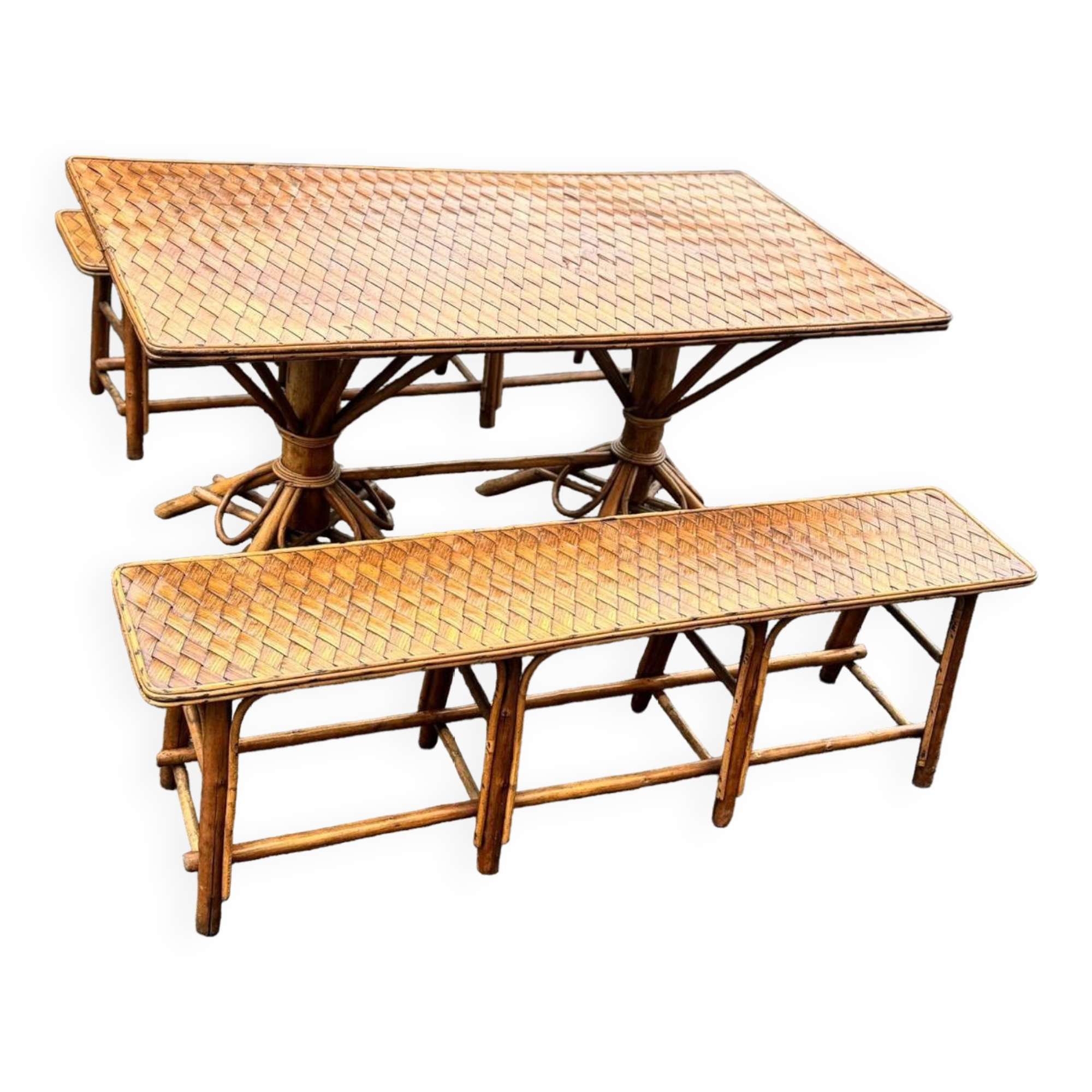 Vintage 1950s set: large table with tripod base and benches in woven chestnut