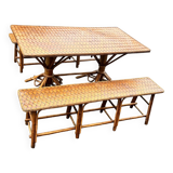 Vintage 50s set: large table - tripod base and woven chestnut benches