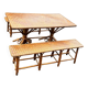 Vintage 1950s set: large table with tripod base and benches in woven chestnut