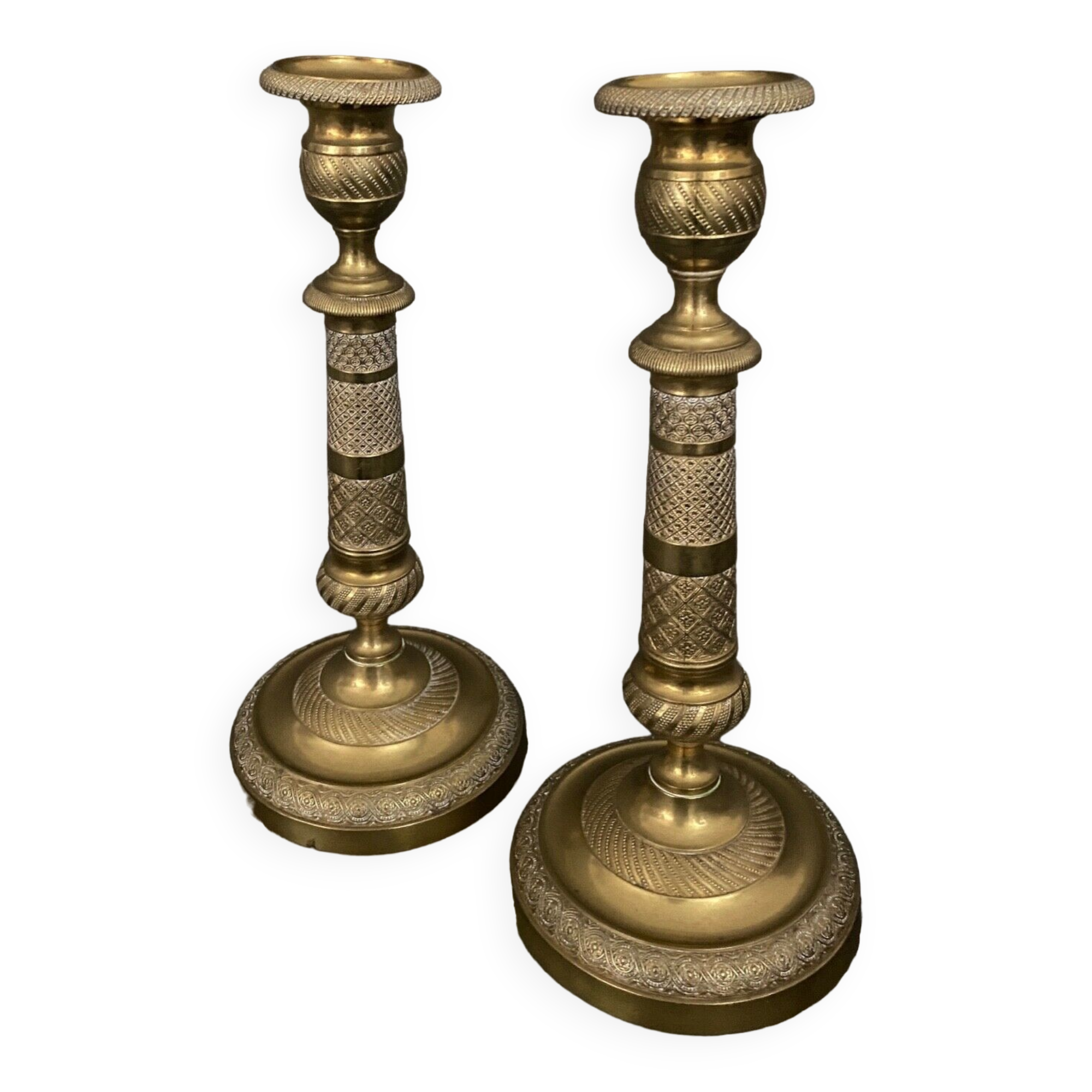 Pair of candlesticks gilded bronze chiseled guilloché first part of the nineteenth