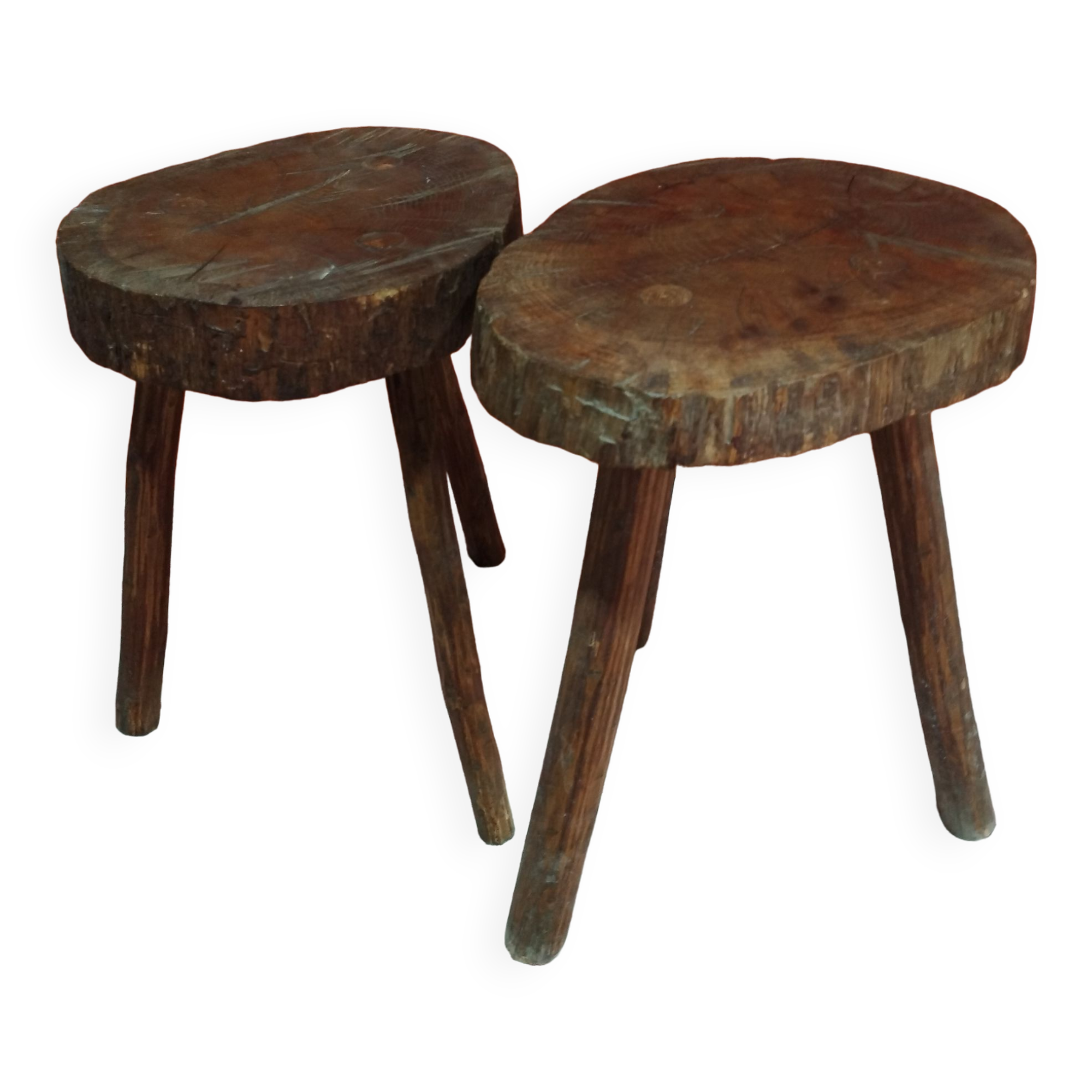 Pair of milking stools - brutalist wooden tripod
