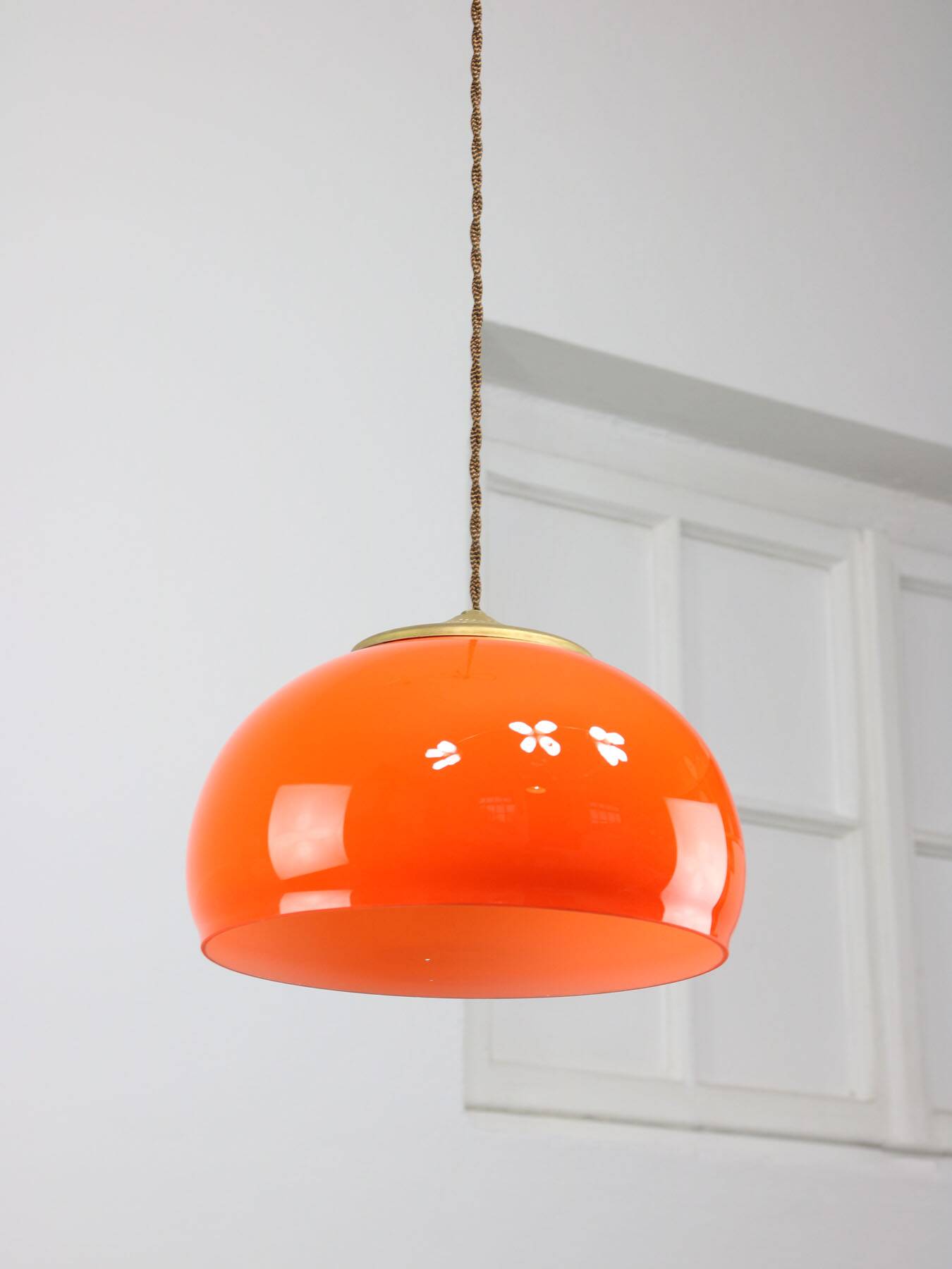 Mid-Century Italian Orange Glass and Brass Pendant Lamp