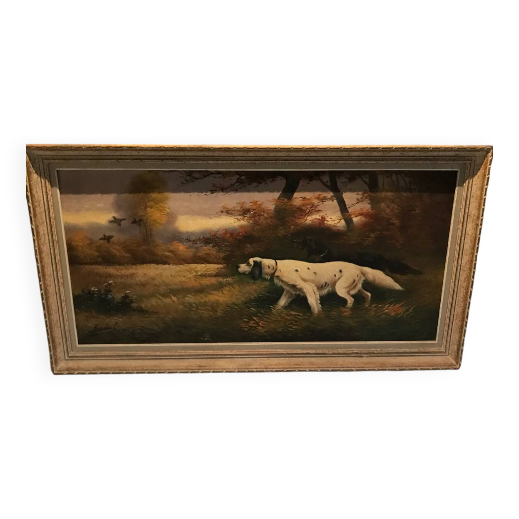 Large old painting of Brittany spaniel hunting dogs, signed Breuil