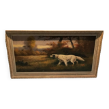 Grand Tableau ancien chiens de chasse épagneul Breton, signé breuil