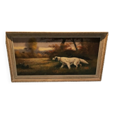 Large old painting of Brittany spaniel hunting dogs, signed Breuil