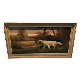 Large old painting of Brittany spaniel hunting dogs, signed Breuil