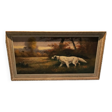 Large old painting of hunting dogs, Breton spaniel, signed Breuil.