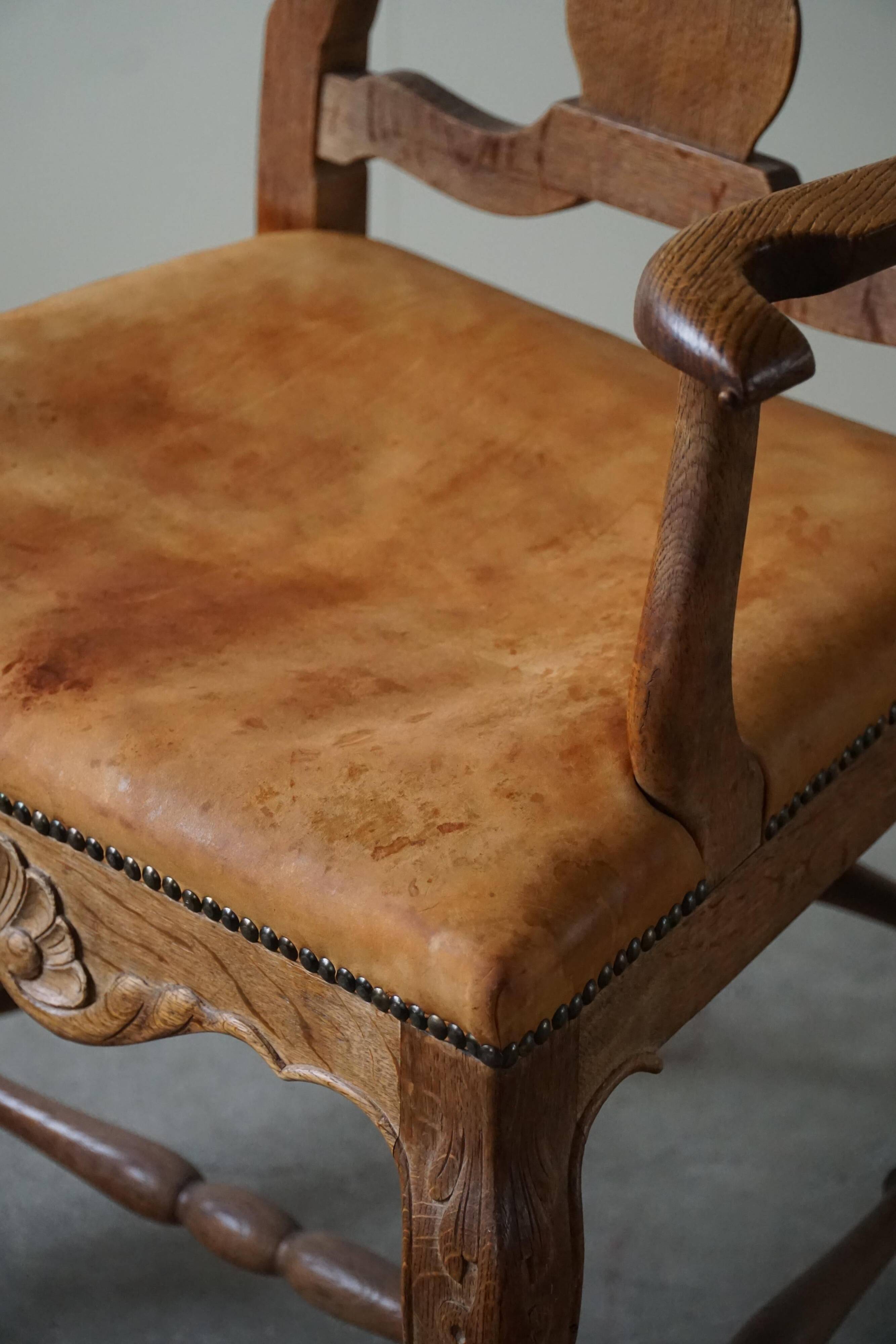Vintage Sculptural Armchair in Oak and Leather, Danish Modern, 1940s