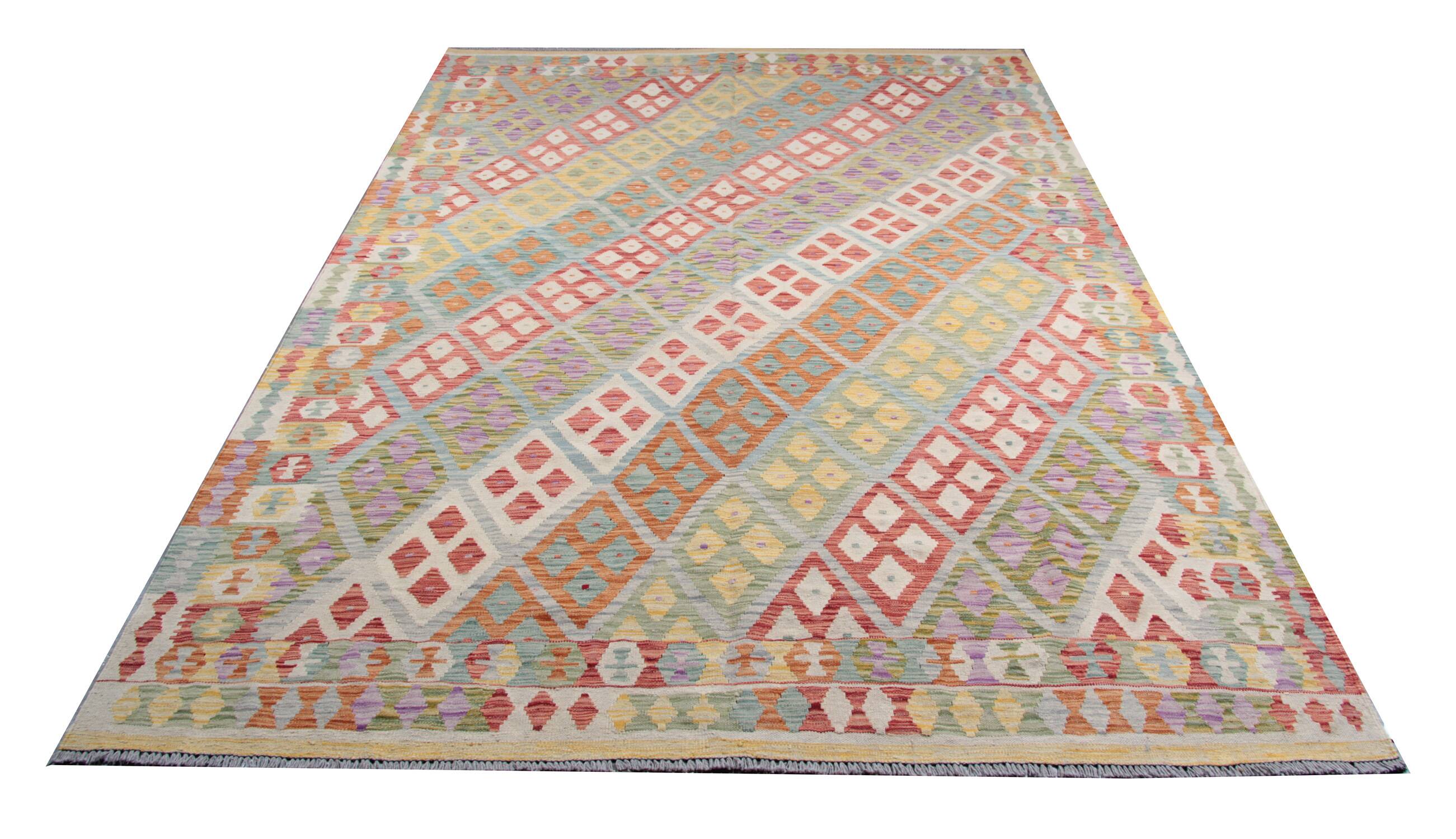 Multicolour Afghan Kilim Rug: Striped Contemporary Wool Flatweave 296x202cm