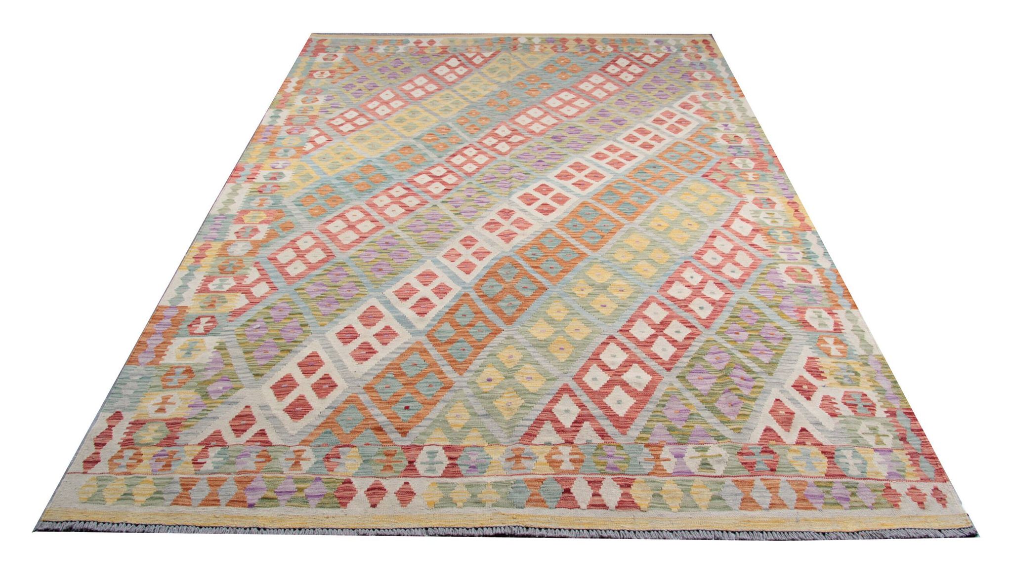 Tapis Kilim afghan multicolore : tissage plat contemporain en laine à rayures 296 x 202 cm